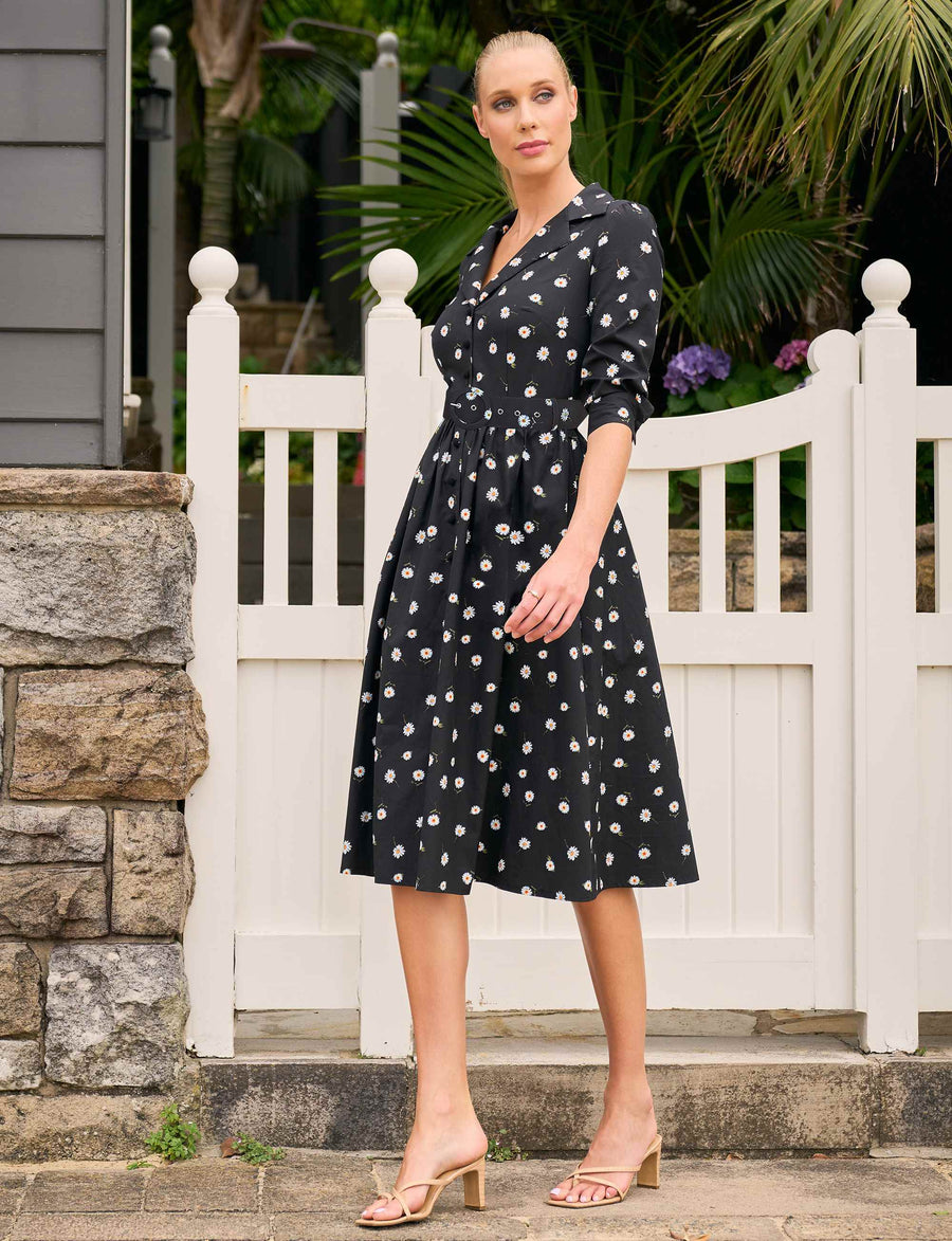 Carrie 'Black Daisy' Knee Length Belted Shirtdress