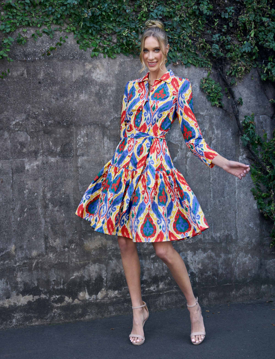 Bella 'Sunny Ikat' Frilled Knee Length Shirtdress