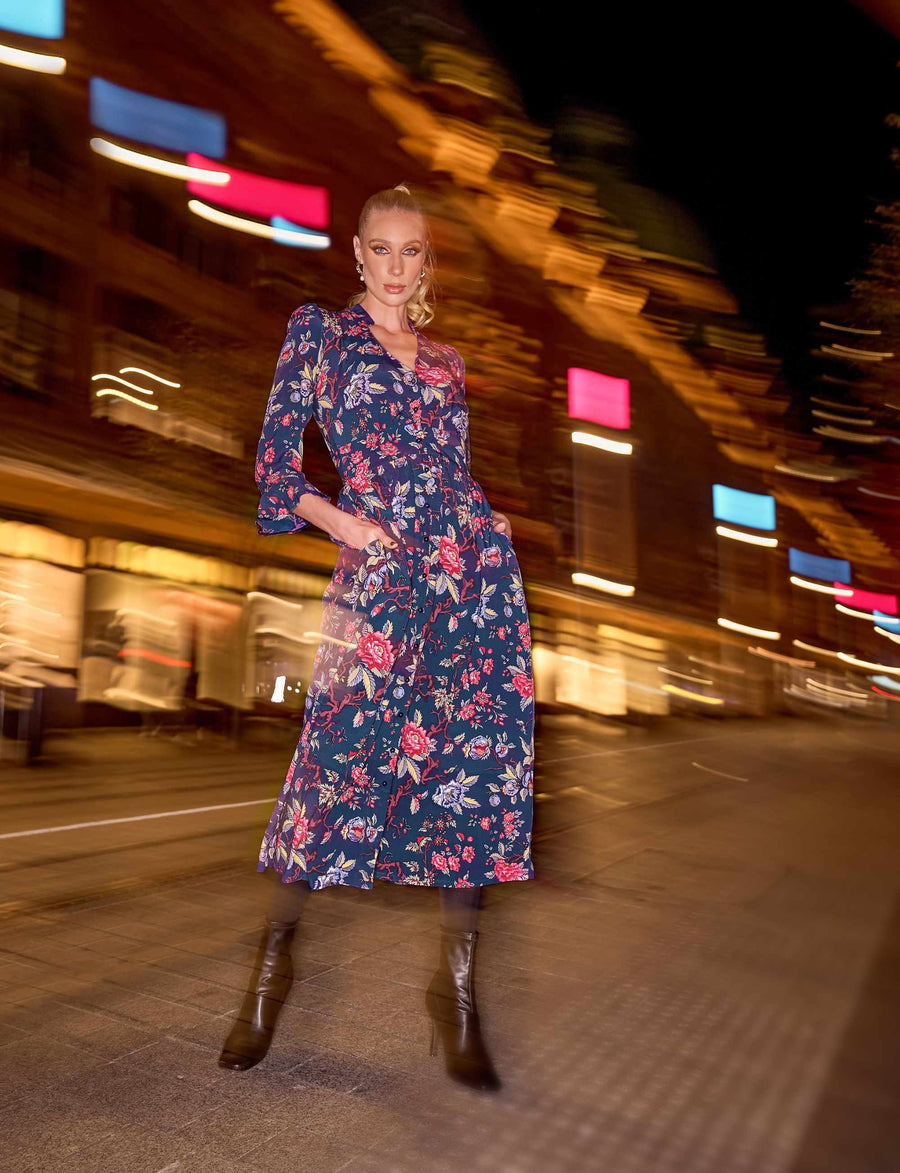 Grace 'Pomegranate' Shirt Front Midi Dress