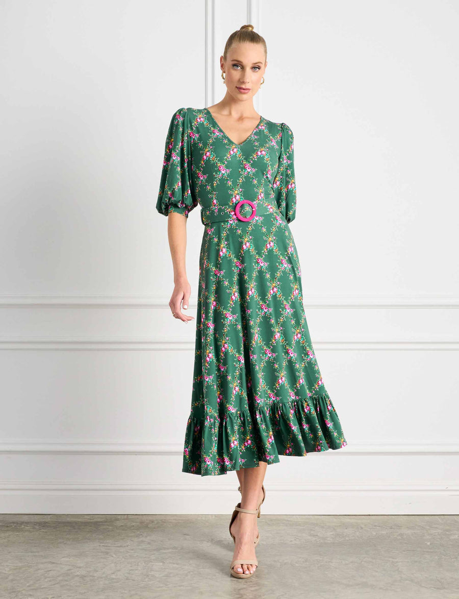 Abigail 'Peony Trellis' Fit and Flare Midi Dress