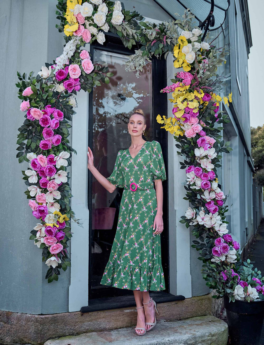 Abigail 'Peony Trellis' Fit and Flare Midi Dress