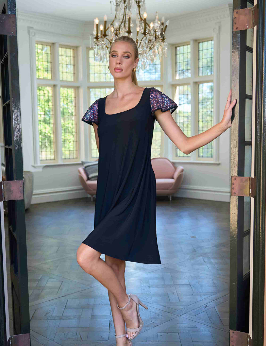 Amanda 'LBD' Premium Shift Dress with Sequin Sleeves