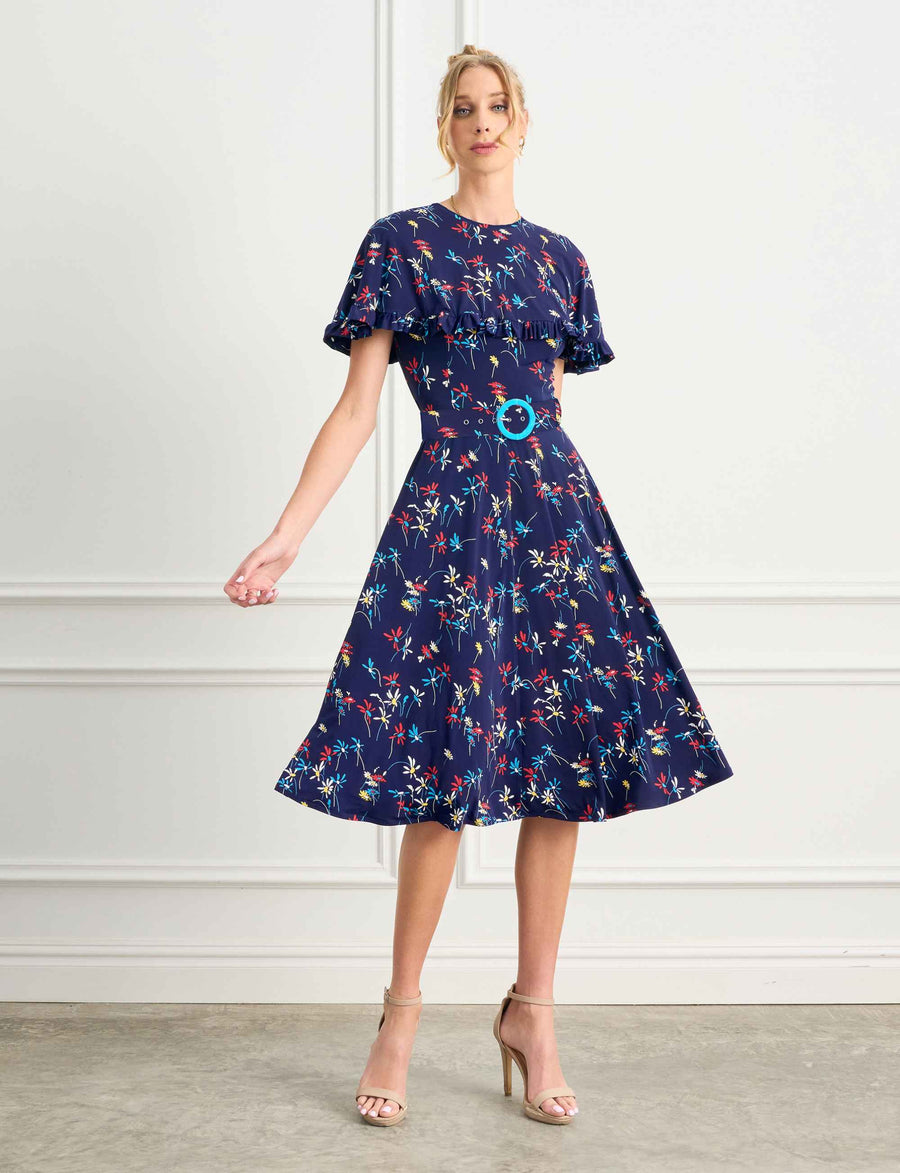 Lucie 'Dashing Daisies' Knee Length Dress with Cape