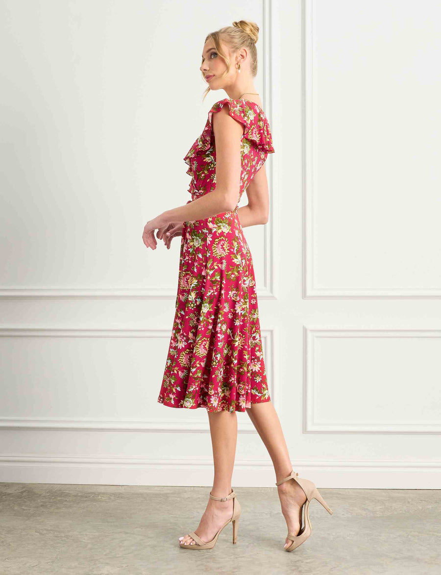 Isabelle 'Red Rococo' Faux Wrap Midi dress