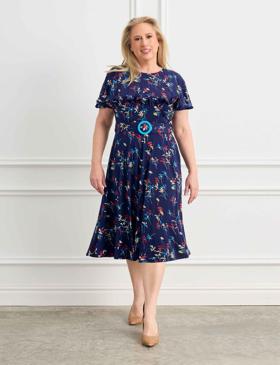 Lucie 'Dashing Daisies' Knee Length Dress with Cape