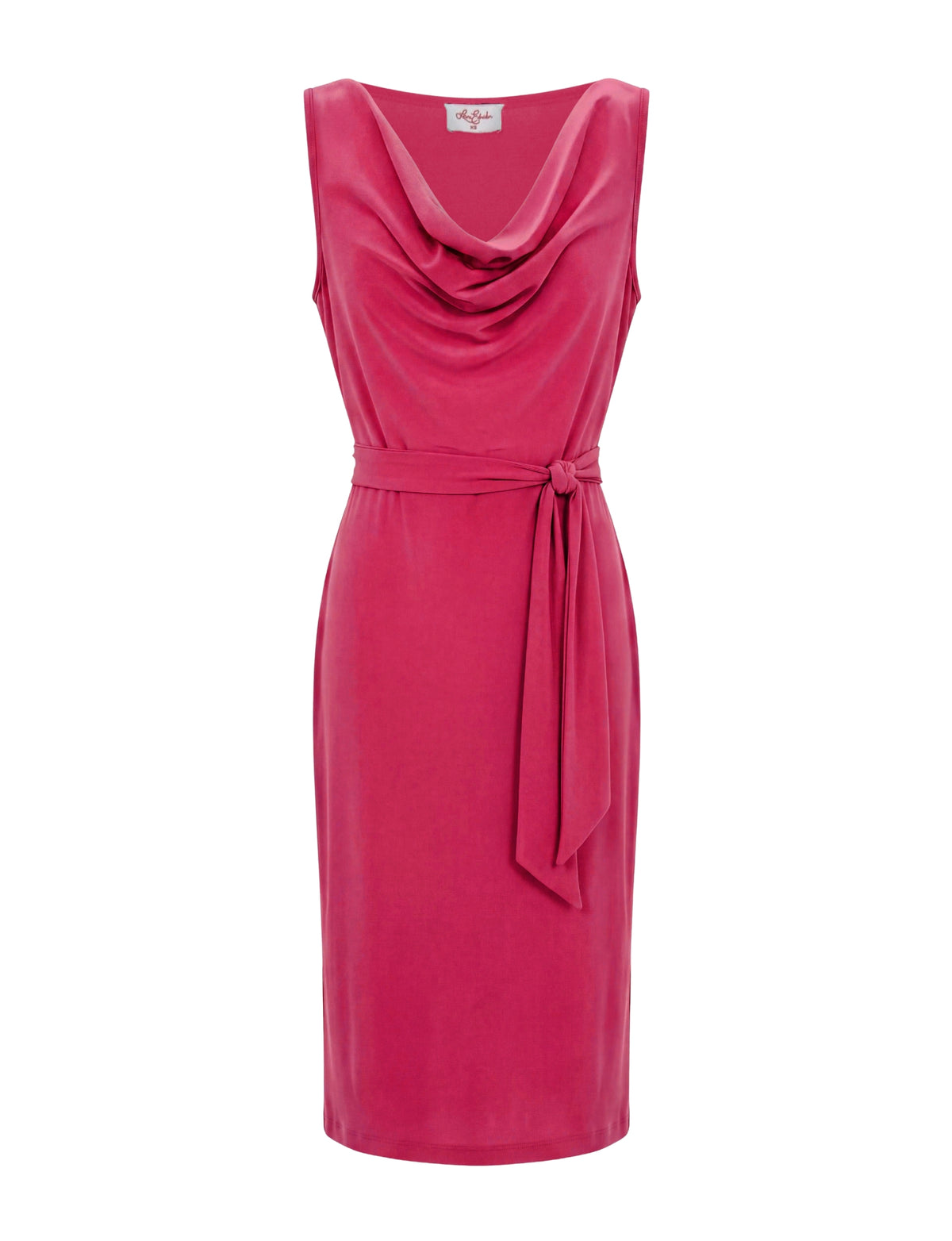 A sleeveless cowl neck dress in a vibrant magenta pink, featuring a matching fabric tie belt at the waist, shown against a plain white background.