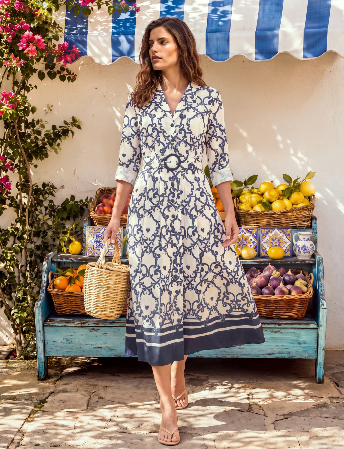 Azzurra 'Amalfi Affair' Belted 3/4 Sleeve Shirt Dress - Navy