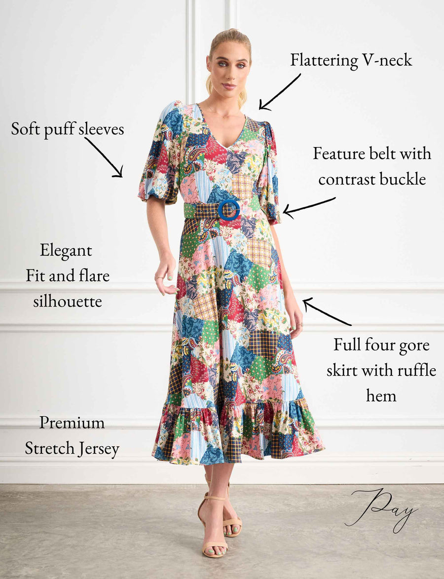 ORIGINAL SAMPLE   Pay 'Paisley Patchwork' Fit and Flare Belted Midi Dress FINAL SALE