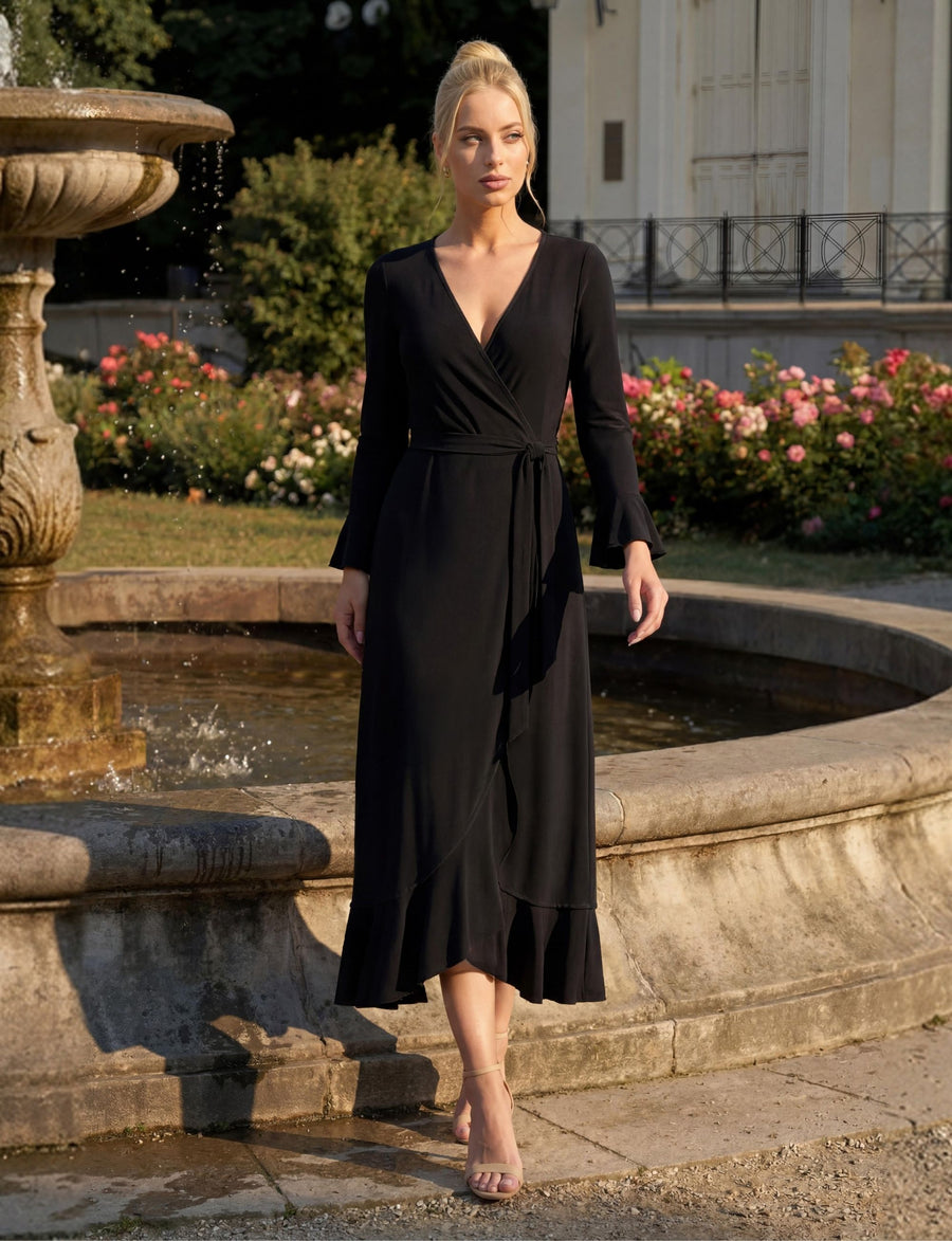 bestie wrap midi jersey dress - black reviews 100% Silk Jersey Midi Wrap Dress in Circular Contrast