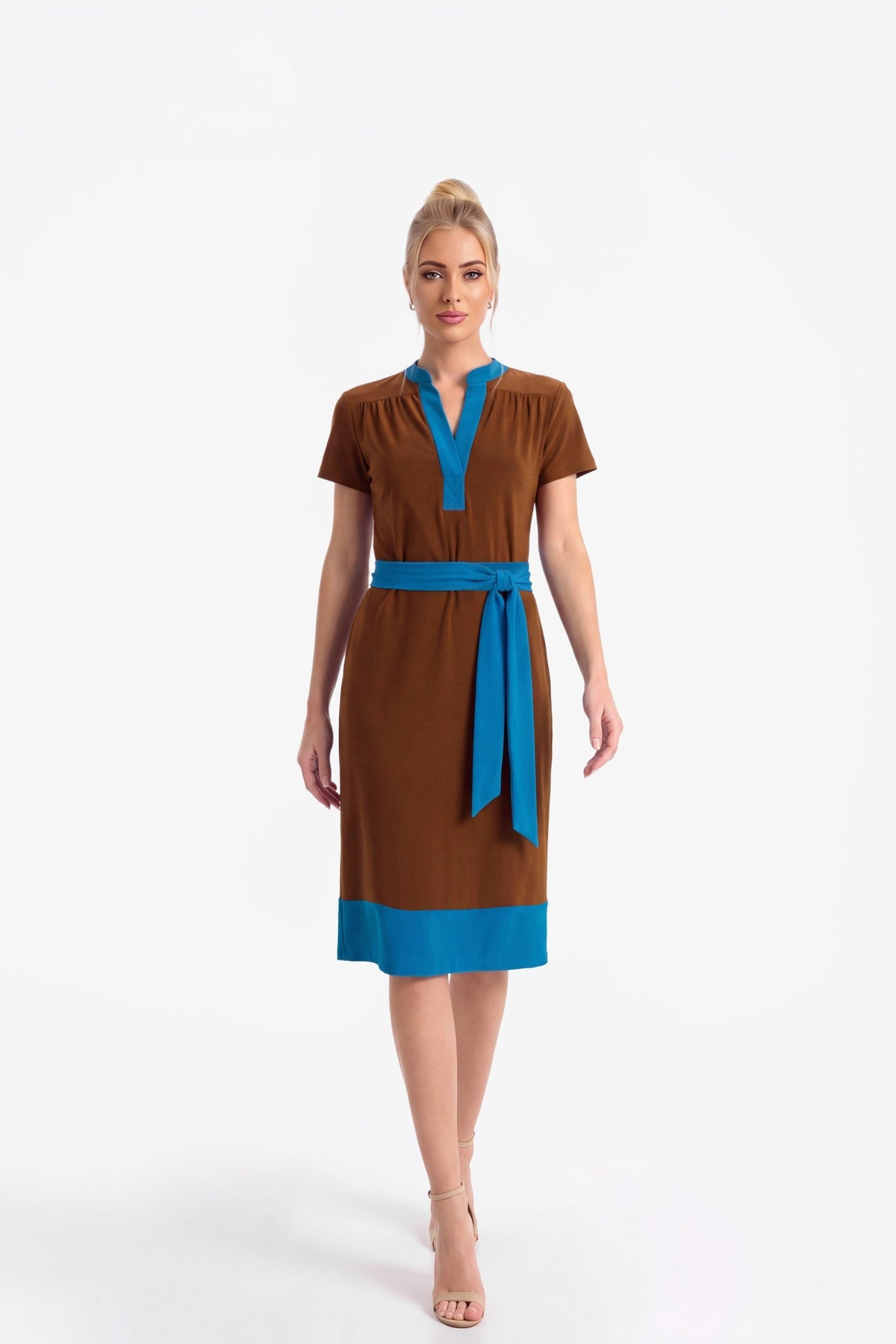 Bridget V-Neck Contrast Jersey Shift Dress - Suede/Ocean 