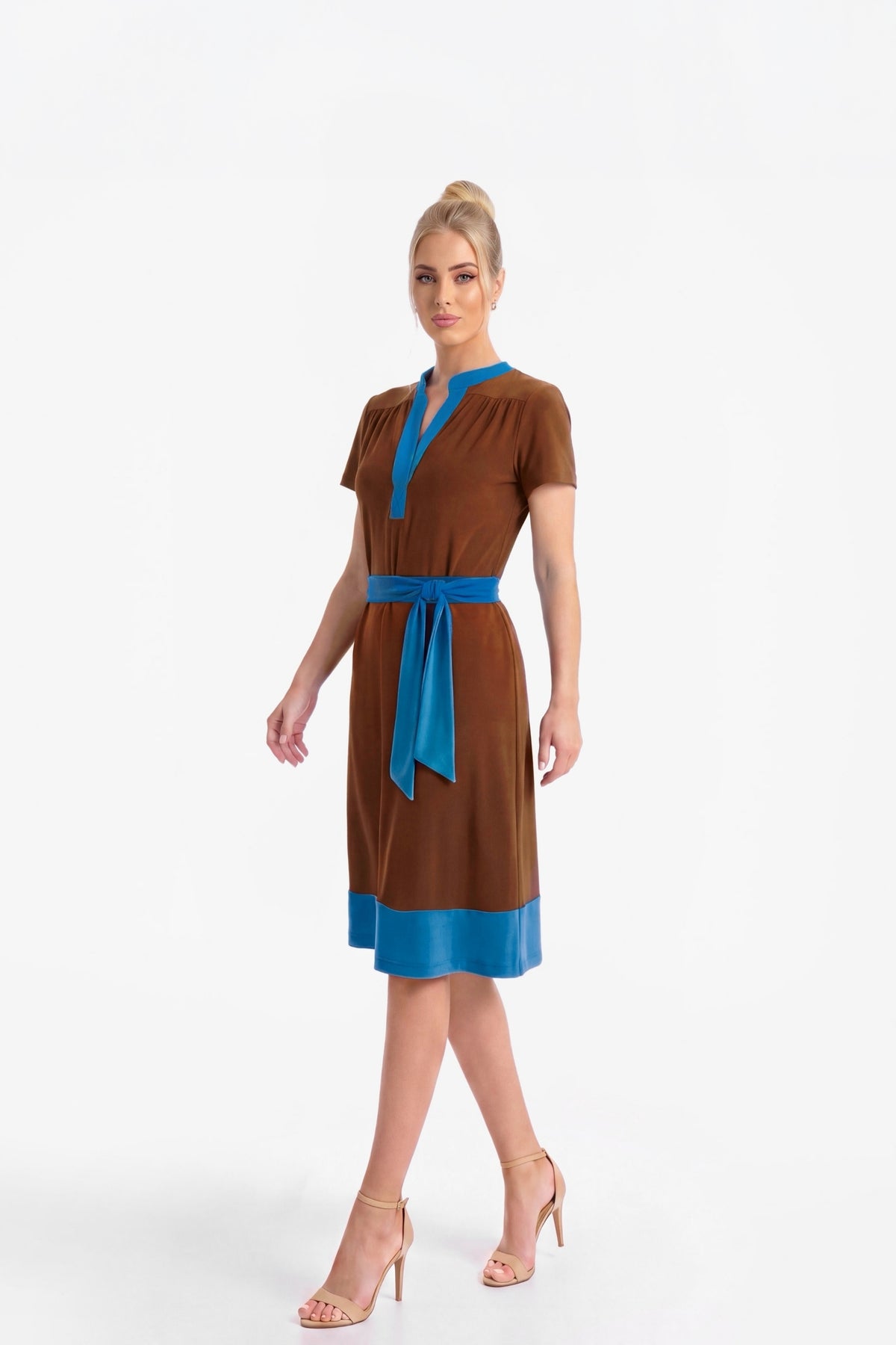 Bridget V-Neck Contrast Jersey Shift Dress - Suede/Ocean 