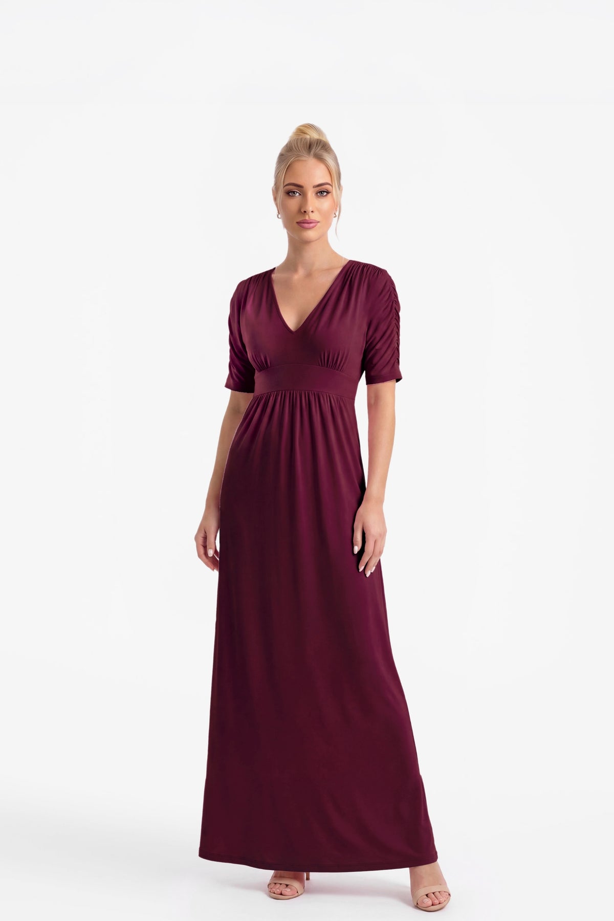 Capri V-Neck Maxi Dress with Empire Waist - Merlot