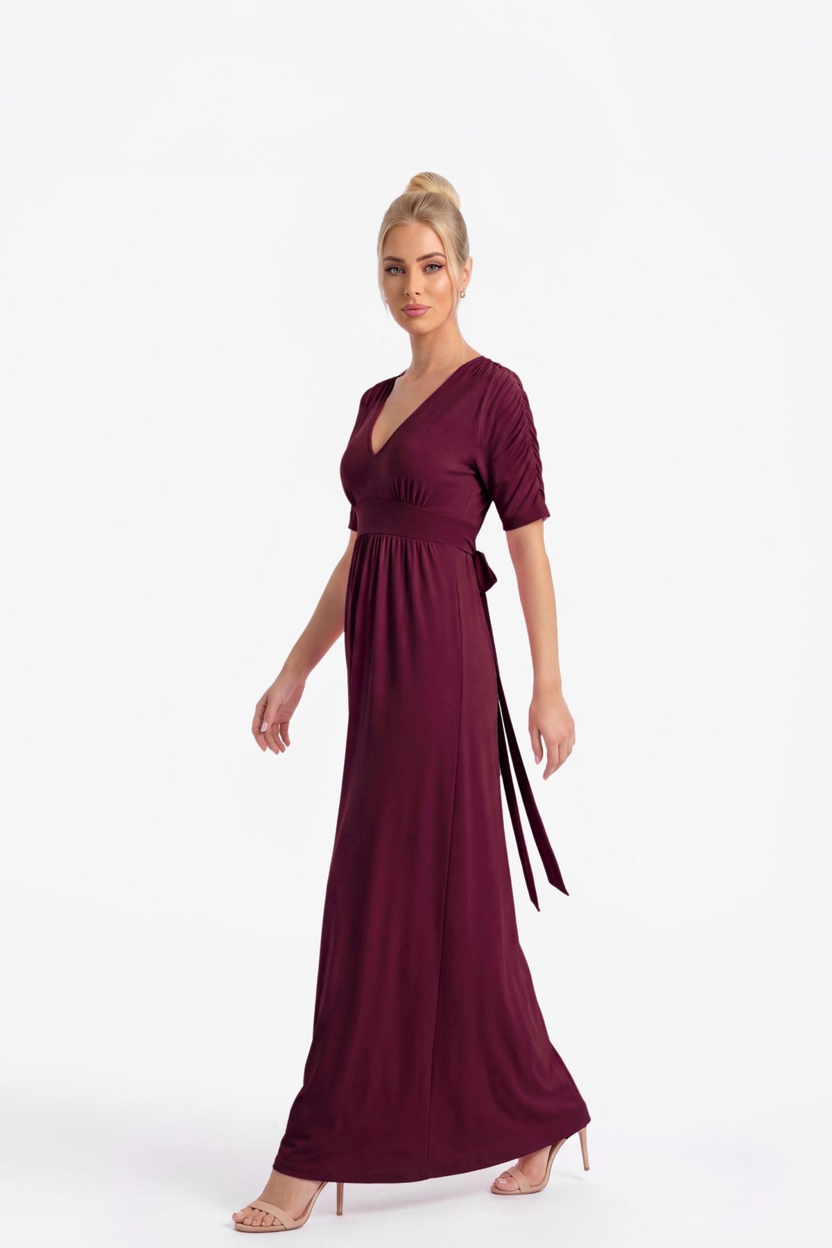Capri V-Neck Maxi Dress with Empire Waist - Merlot