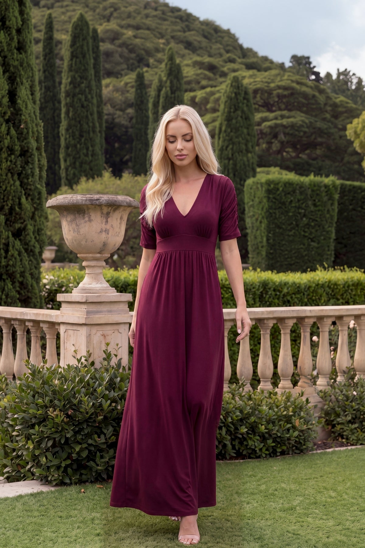 Capri V-Neck Maxi Dress with Empire Waist - Merlot