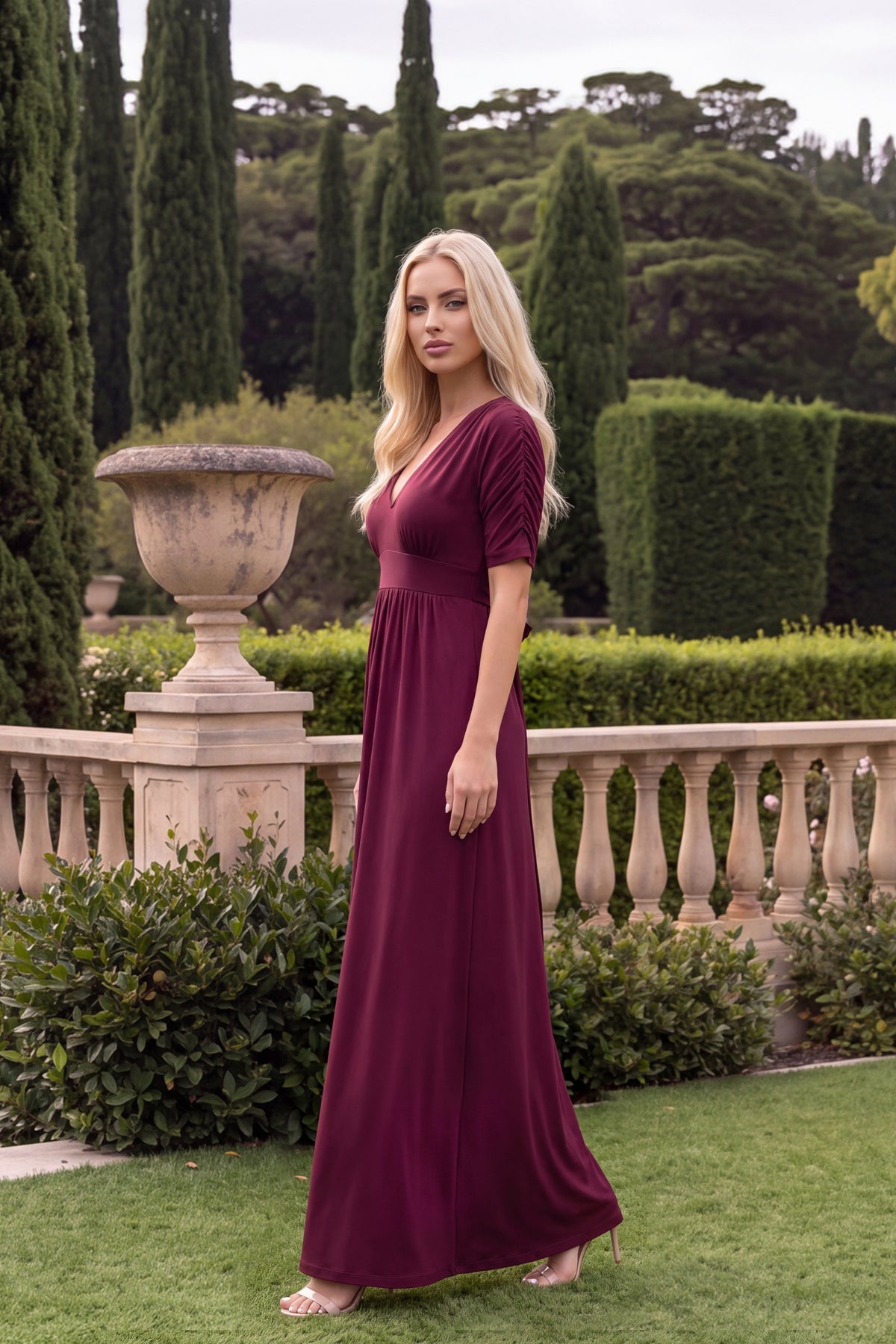 Capri V-Neck Maxi Dress with Empire Waist - Merlot