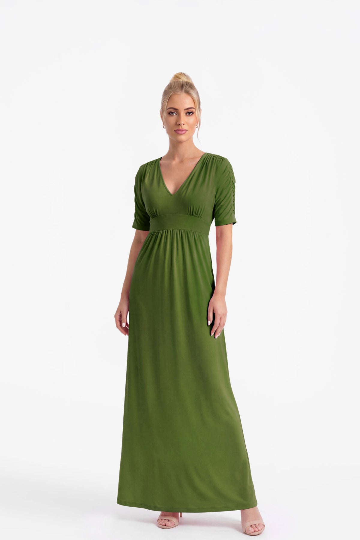 Capri V-Neck Maxi Dress with Empire Waist - Olive