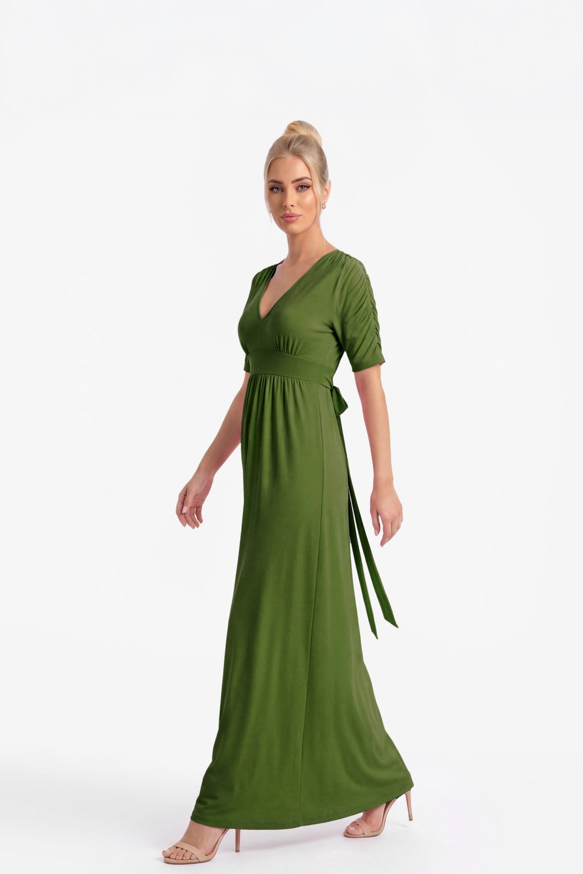 Capri V-Neck Maxi Dress with Empire Waist - Olive