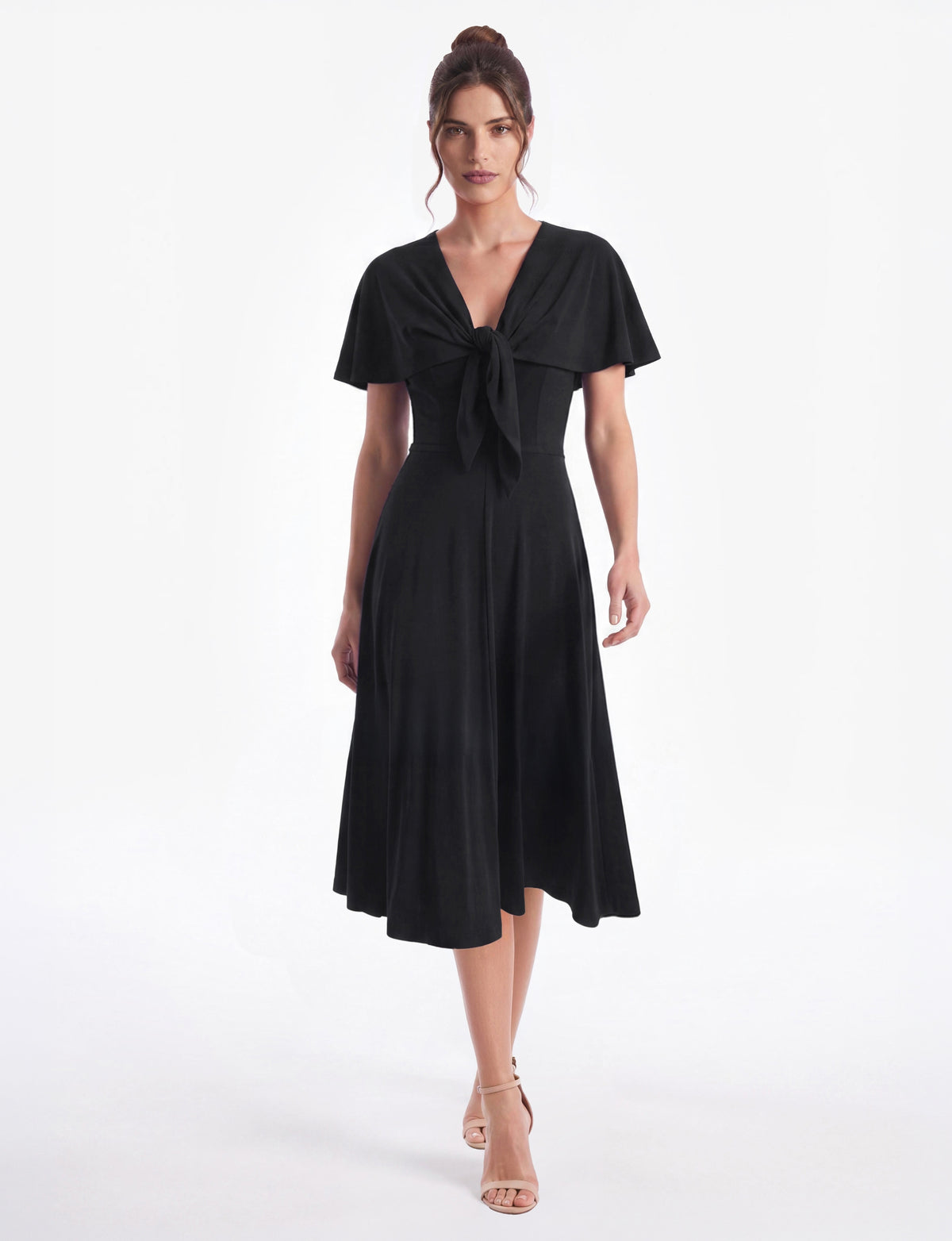 Carly Short Sleeve Cape Overlay Midi Dress - Black