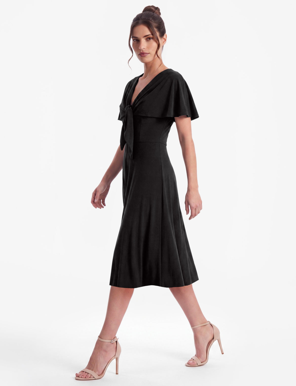 Carly Short Sleeve Cape Overlay Midi Dress - Black
