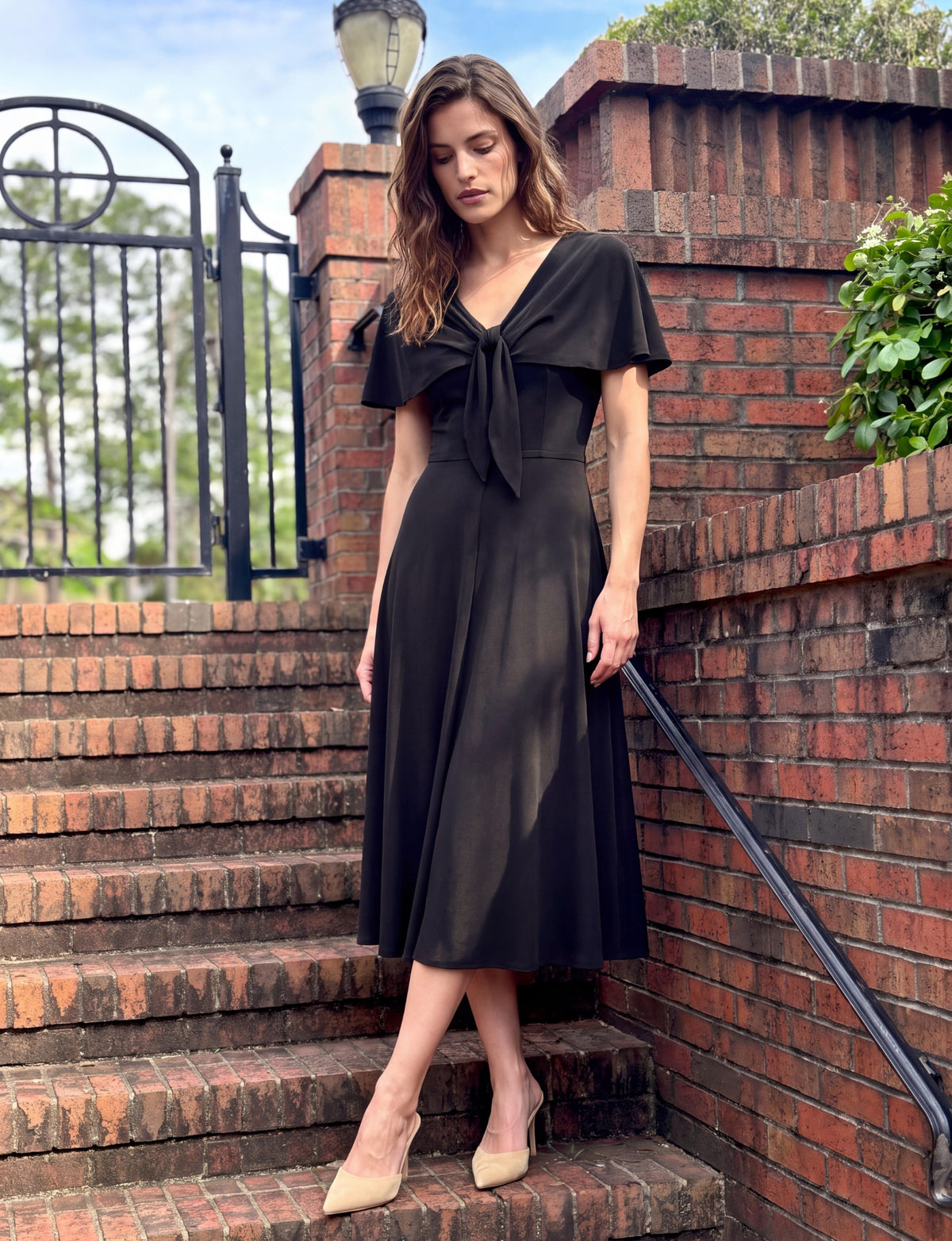 Carly Short Sleeve Cape Overlay Midi Dress - Black