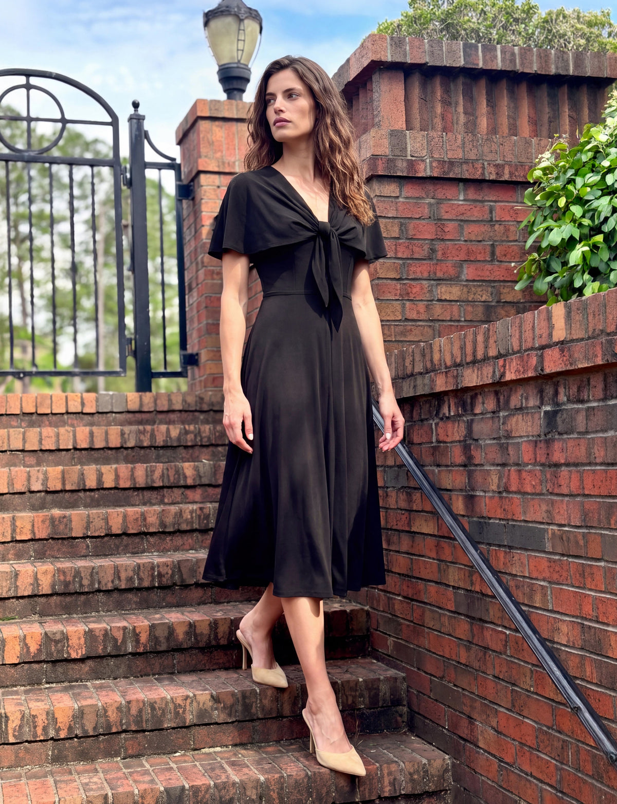Carly Short Sleeve Cape Overlay Midi Dress - Black