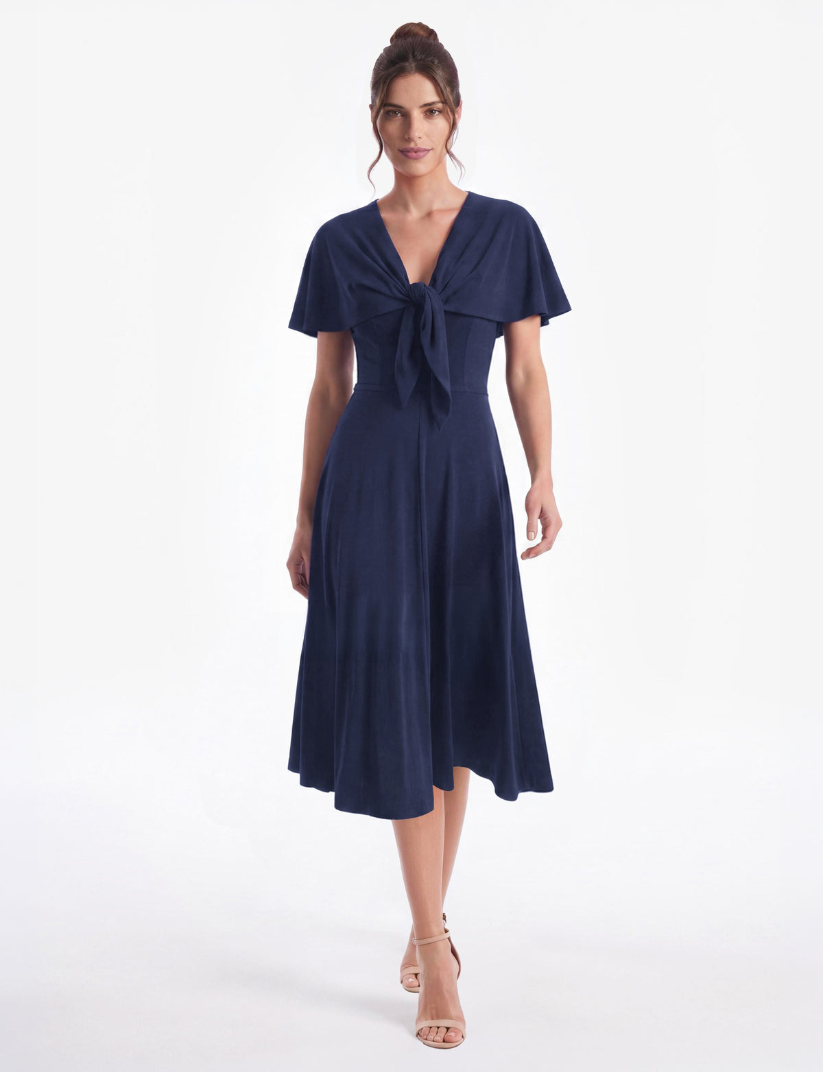 Carly Short Sleeve Cape Overlay Midi Dress - Navy
