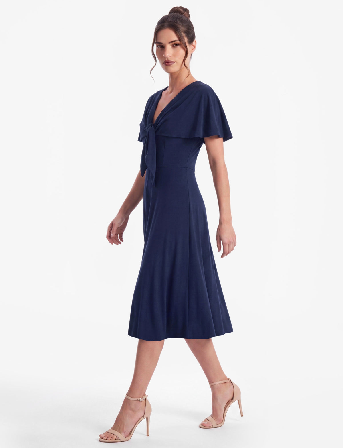 Carly Short Sleeve Cape Overlay Midi Dress - Navy