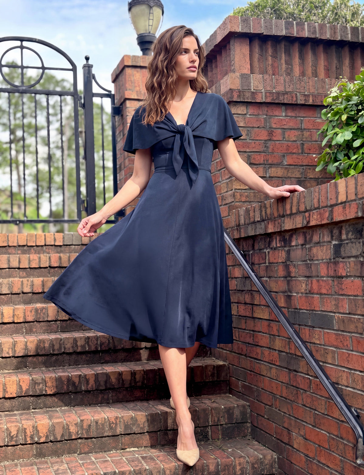 Carly Short Sleeve Cape Overlay Midi Dress - Navy