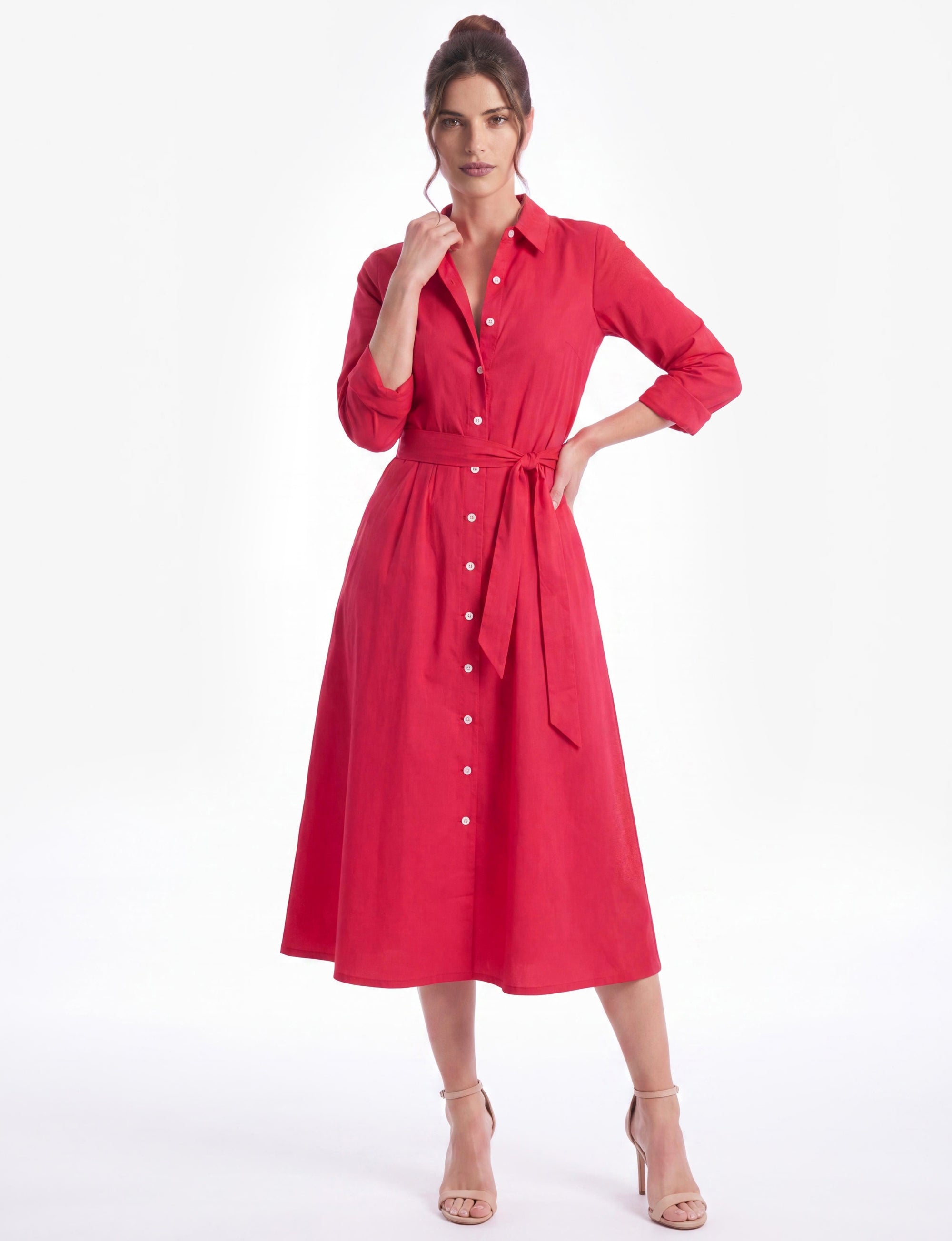 Deborah Collared Long Sleeve A-Line Shirt Dress - Strawberry