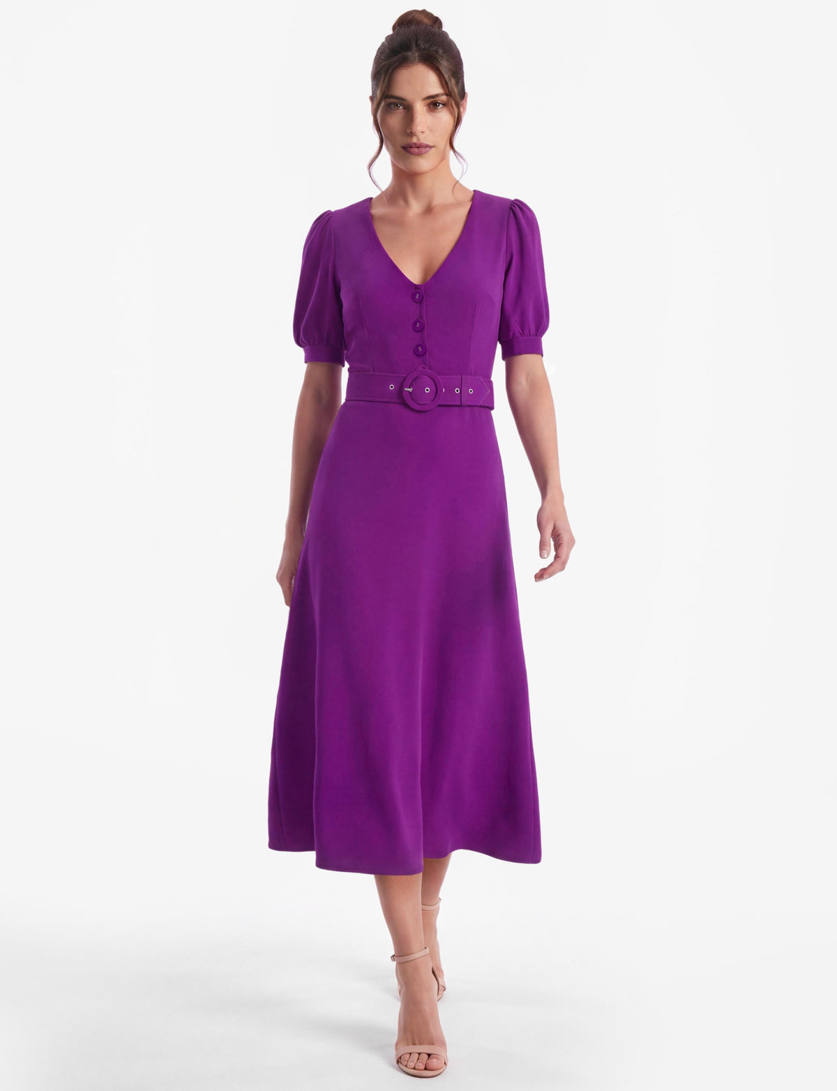 Daisy Button-Front Belted Midi Dress - Plum