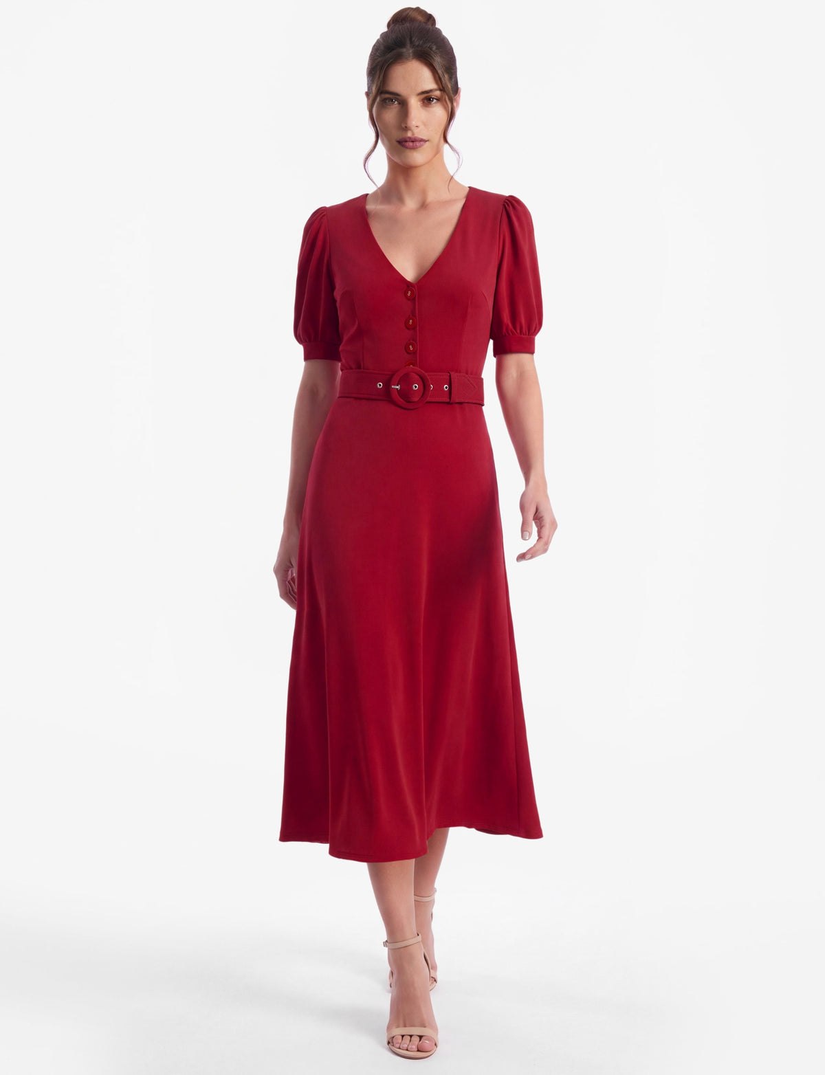 Daisy Button-Front Belted Midi Dress - Red