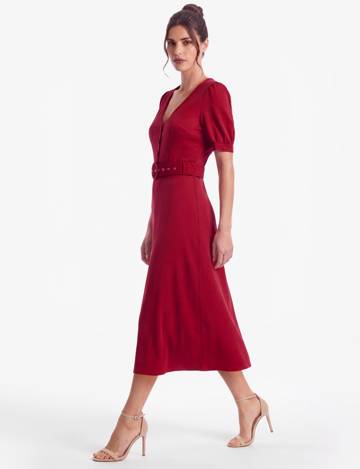 Daisy Button-Front Belted Midi Dress - Red