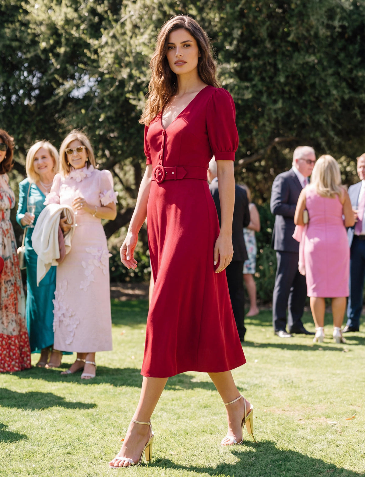 Daisy Button-Front Belted Midi Dress - Red