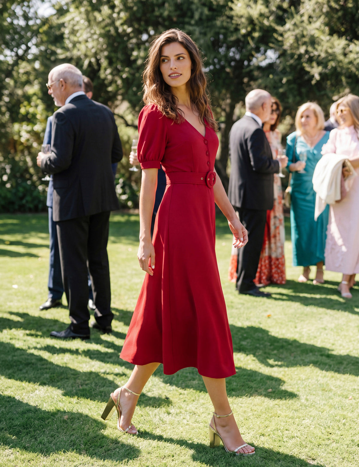 Daisy Button-Front Belted Midi Dress - Red