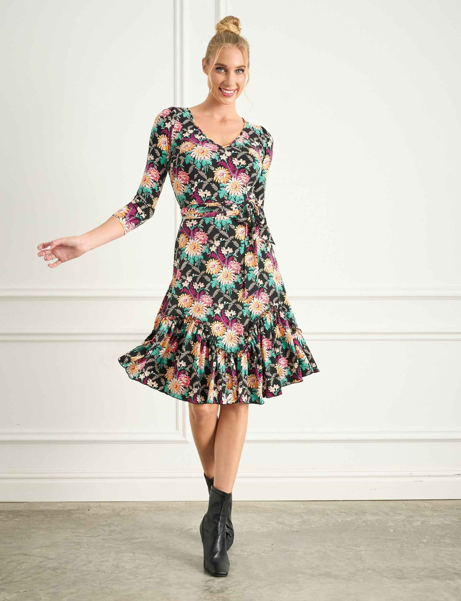 Greta 'Darling Dahlias' Fit and Flare Ruffle Dress