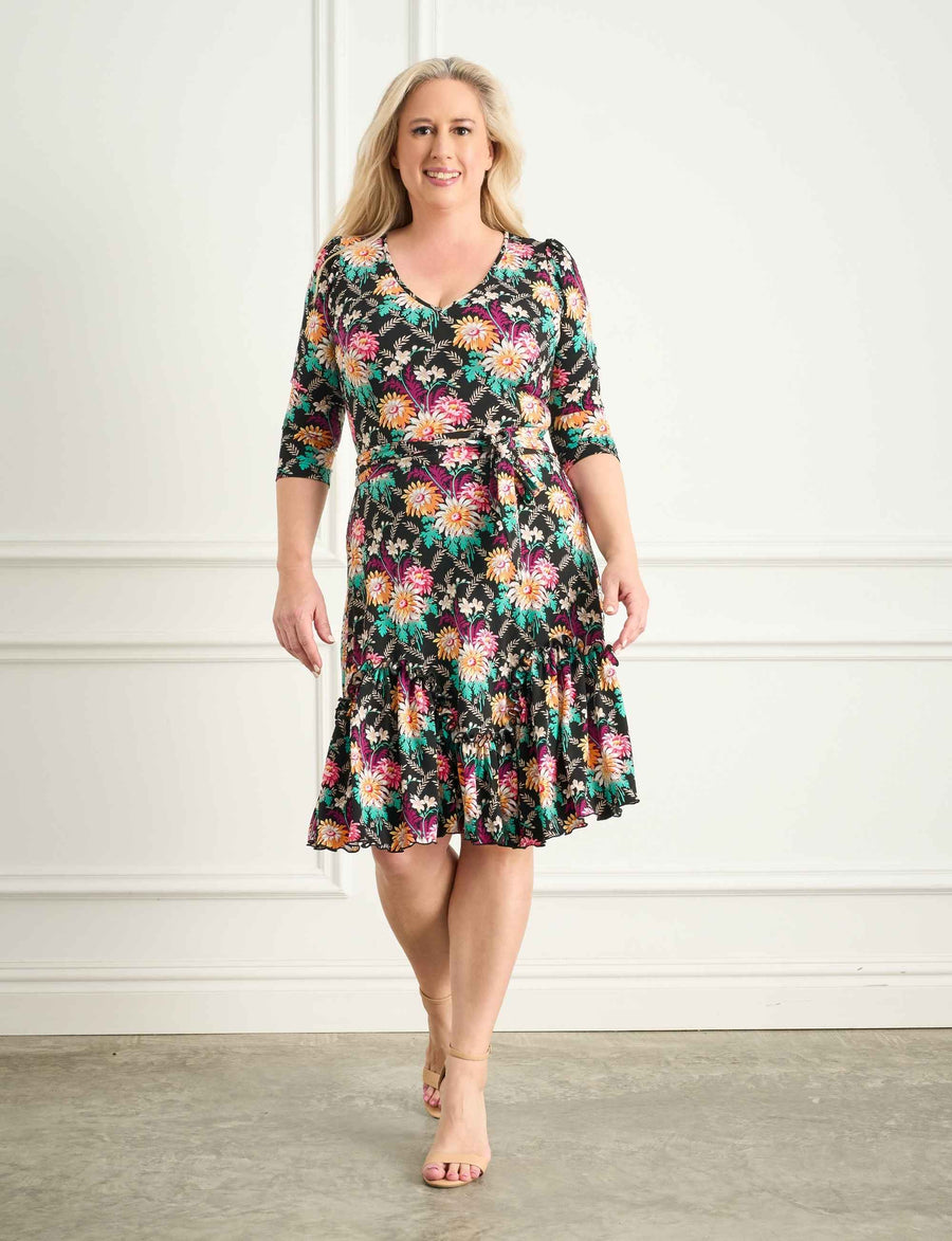 Greta 'Darling Dahlias' Fit and Flare Ruffle Dress