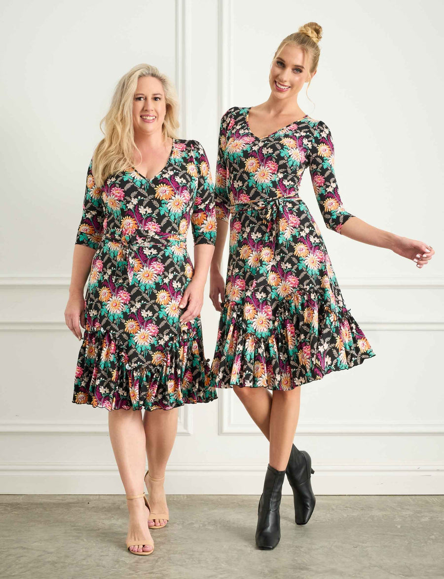 Greta 'Darling Dahlias' Fit and Flare Ruffle Dress