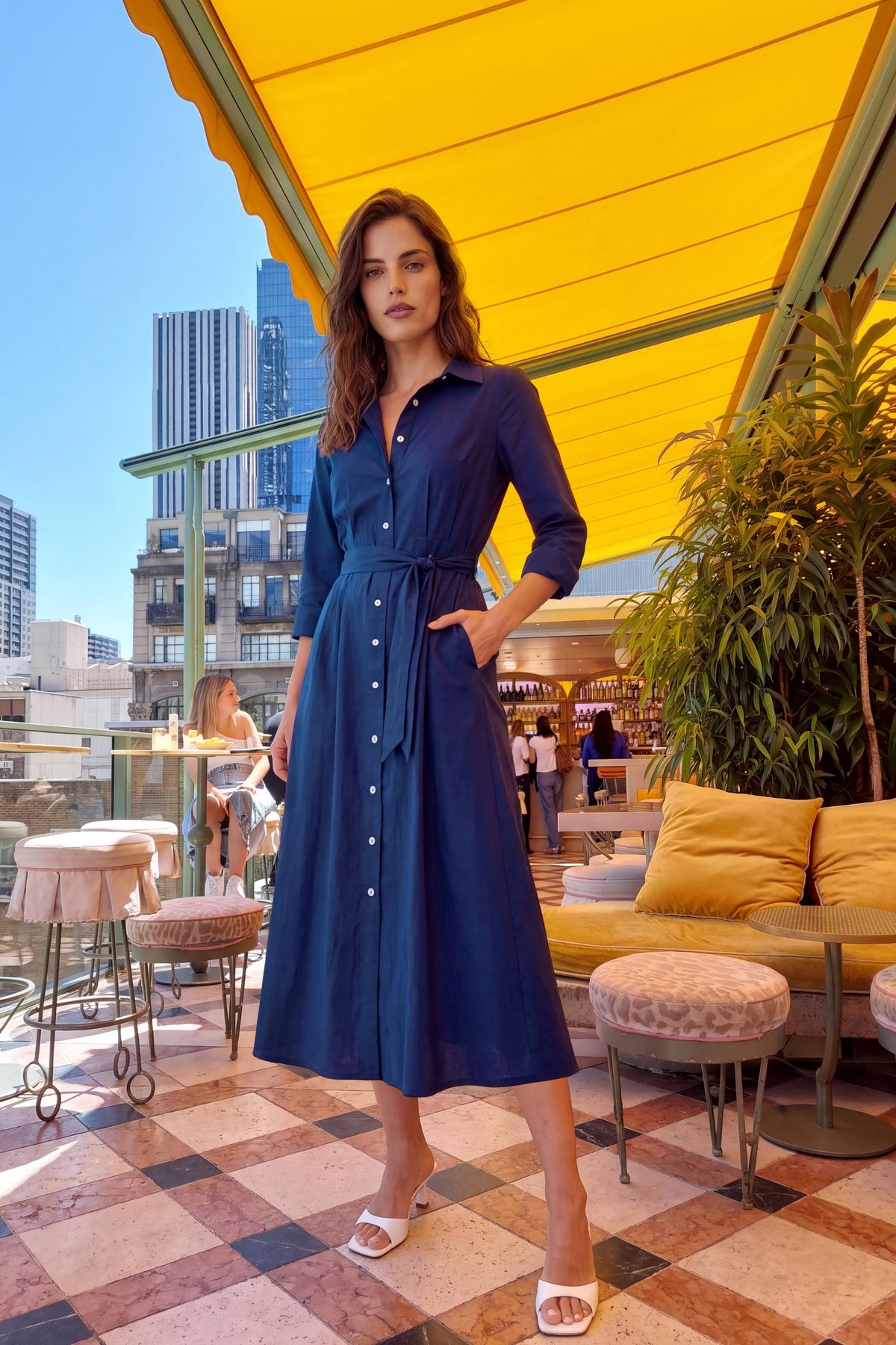 Deborah Collared Long Sleeve A-Line Shirt Dress - Navy