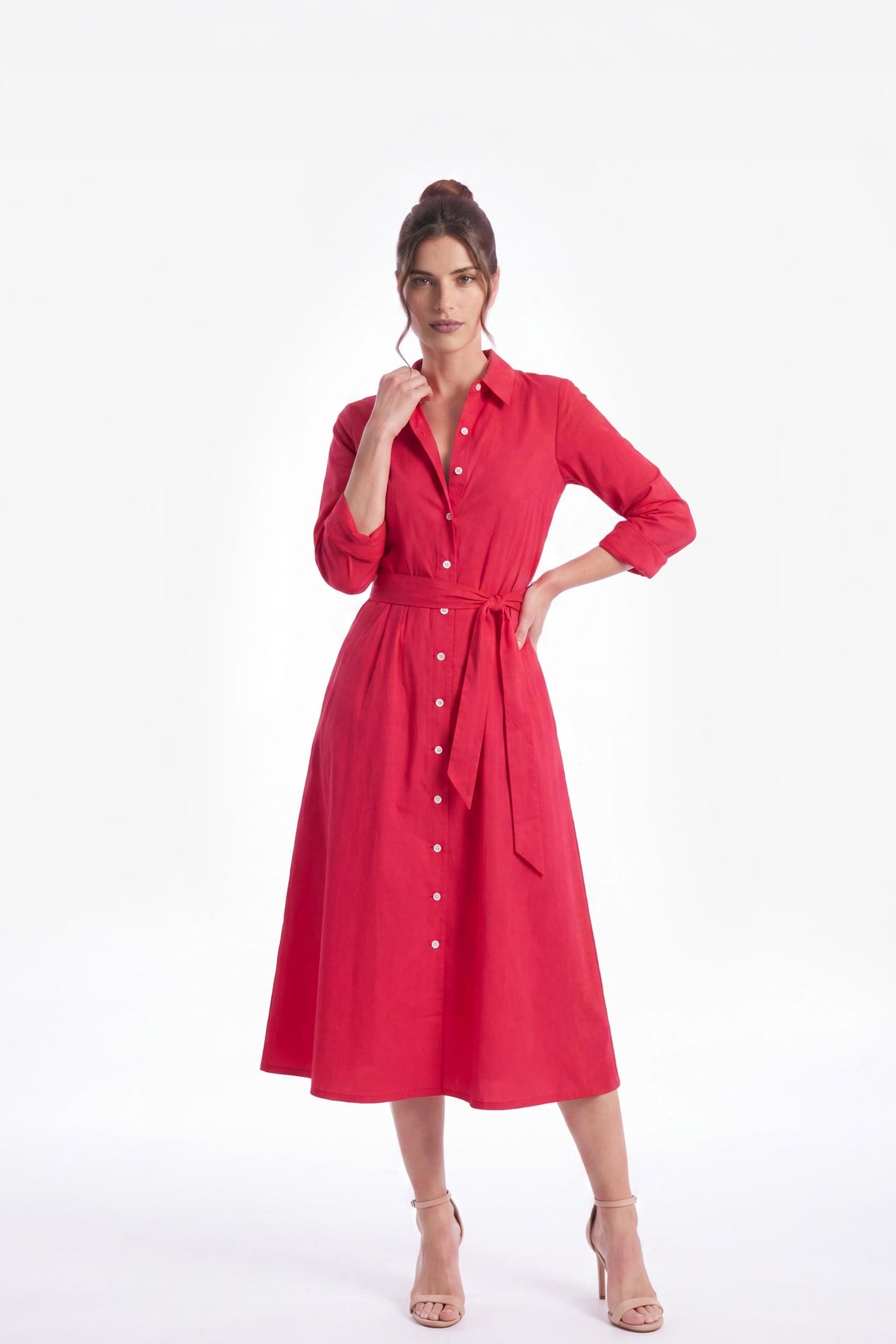 Deborah Collared Long Sleeve A-Line Shirt Dress - Strawberry