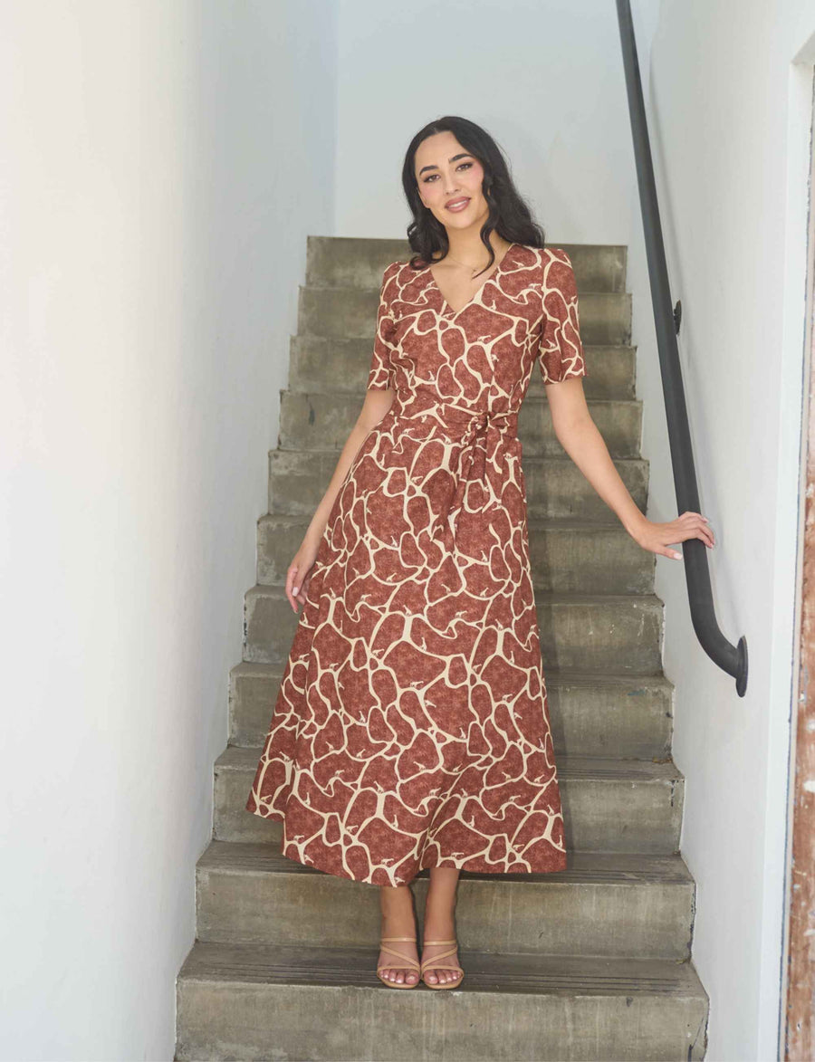 brown giraffe print dress Ripe Maternity Selma Nursing Shirred Dress