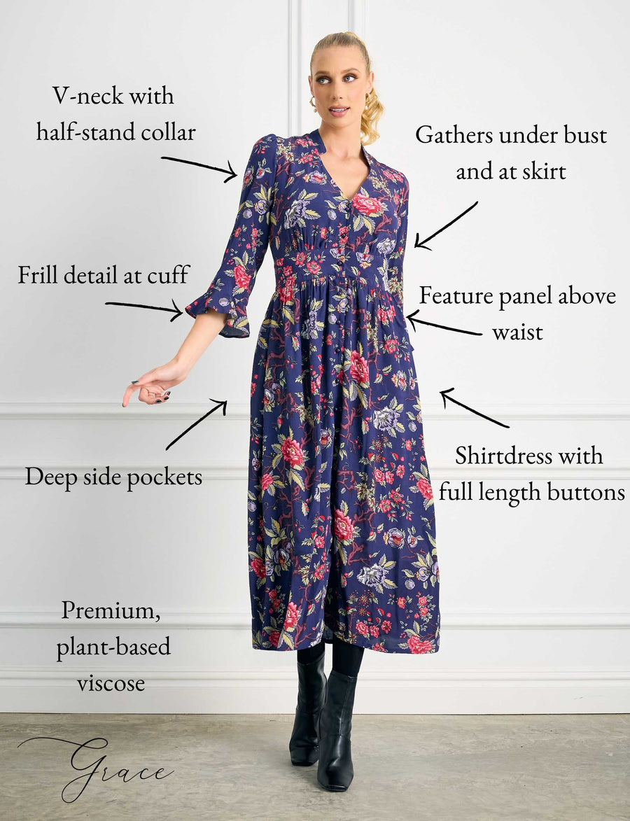 Grace 'Pomegranate' Shirt Front Midi Dress