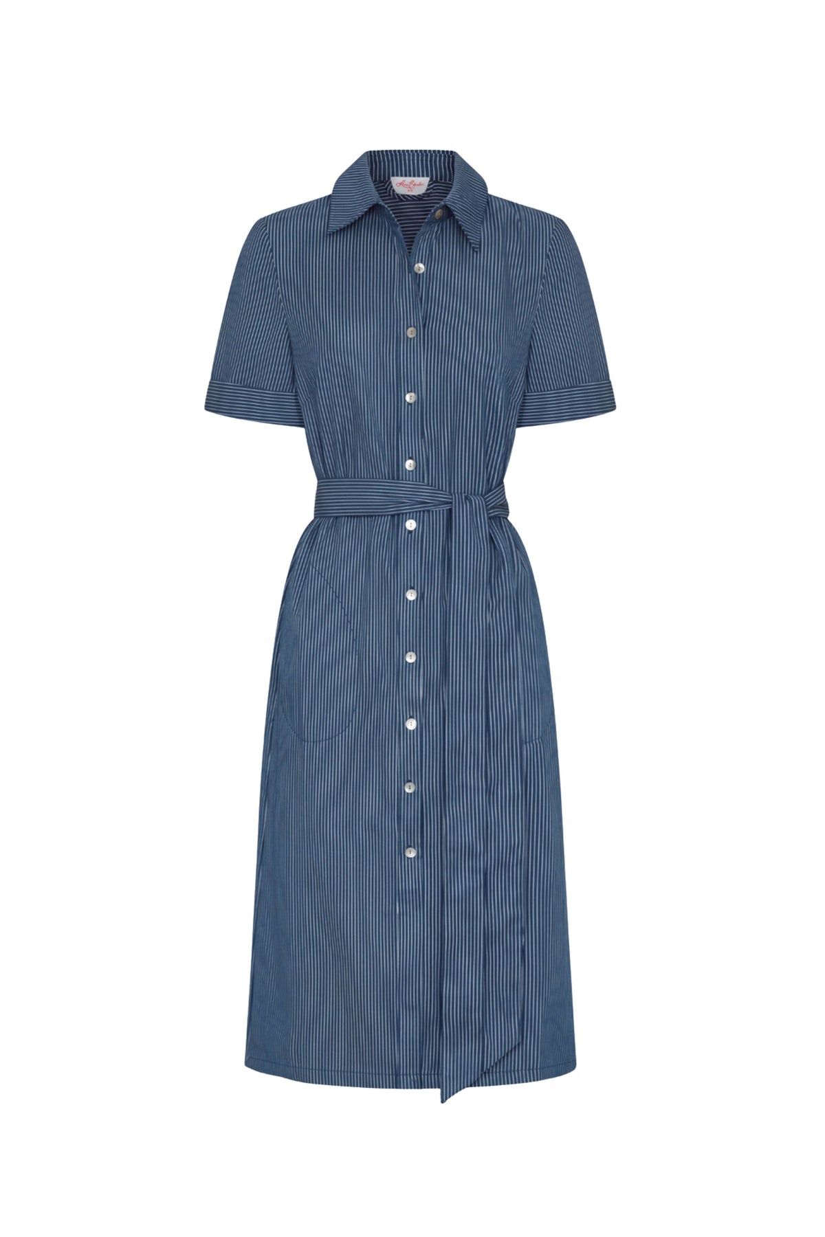 Maple Short Sleeve Belted Midi Shirt Dress - Pinstripe