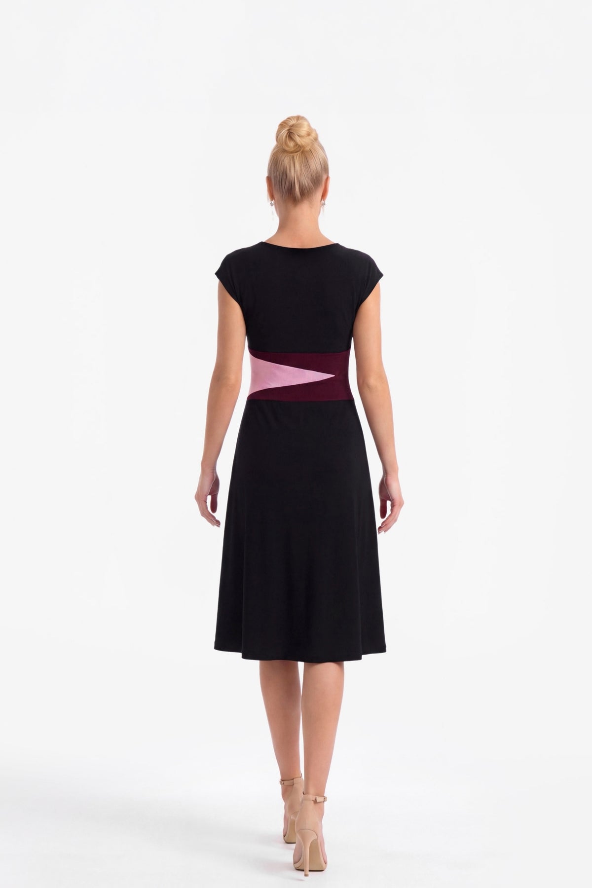 Phoebe Black Midi Dress with Colour-Block Waist Tie 
