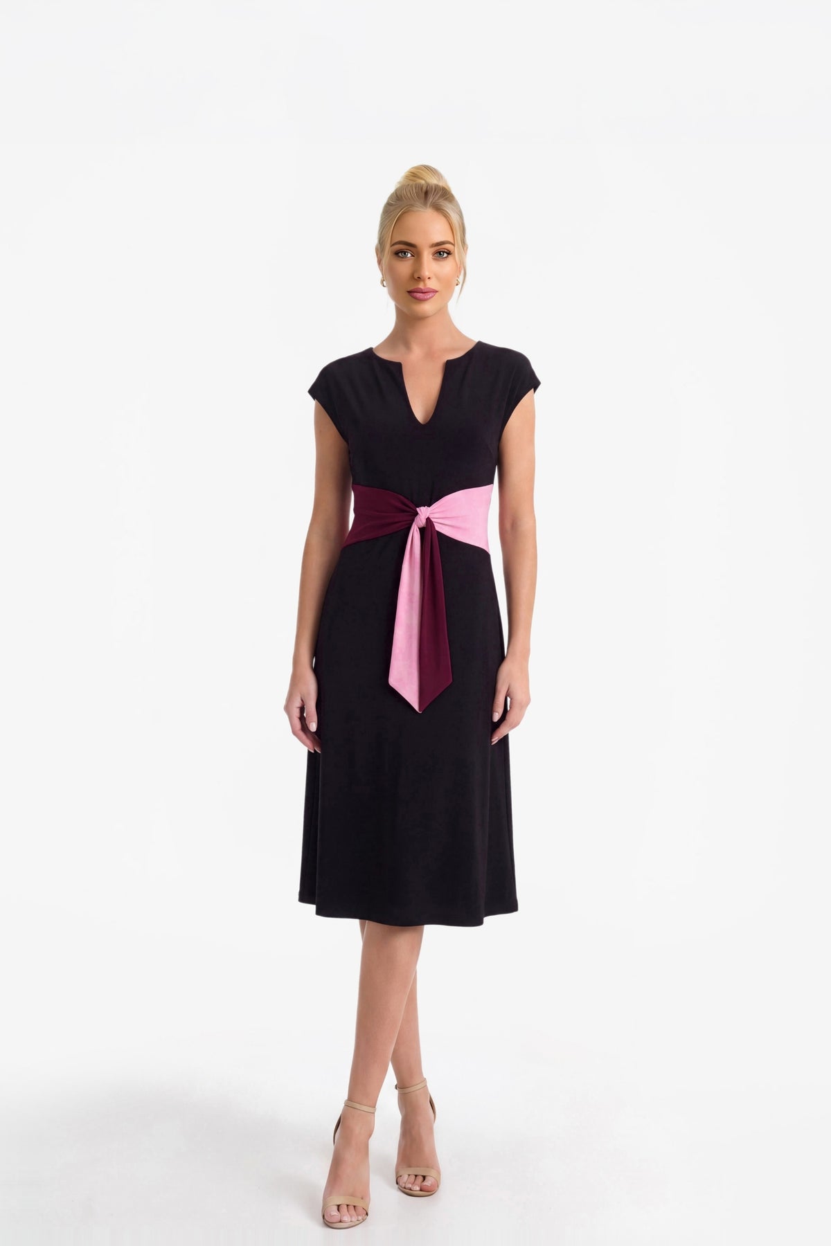 Phoebe Black Midi Dress with Colour-Block Waist Tie 