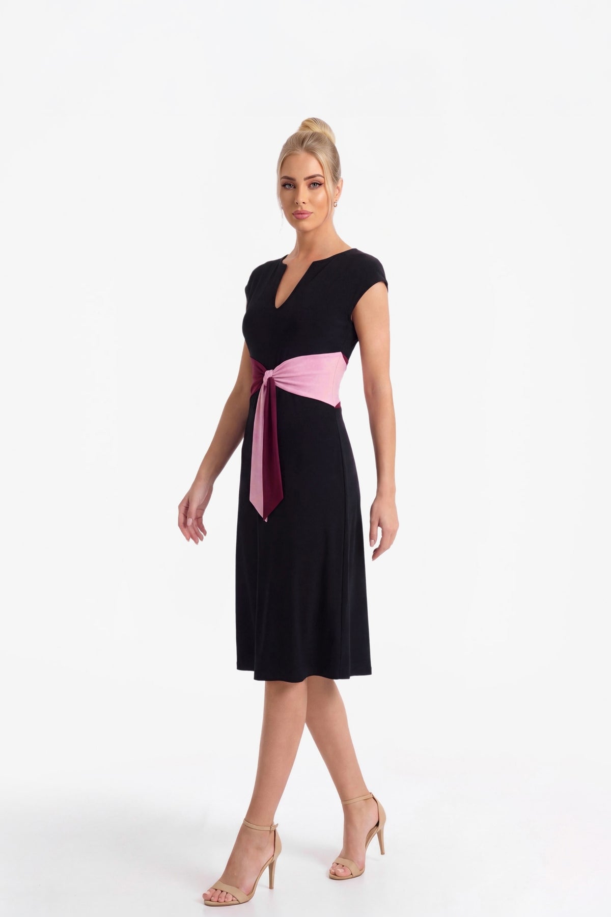 Phoebe Black Midi Dress with Colour-Block Waist Tie 