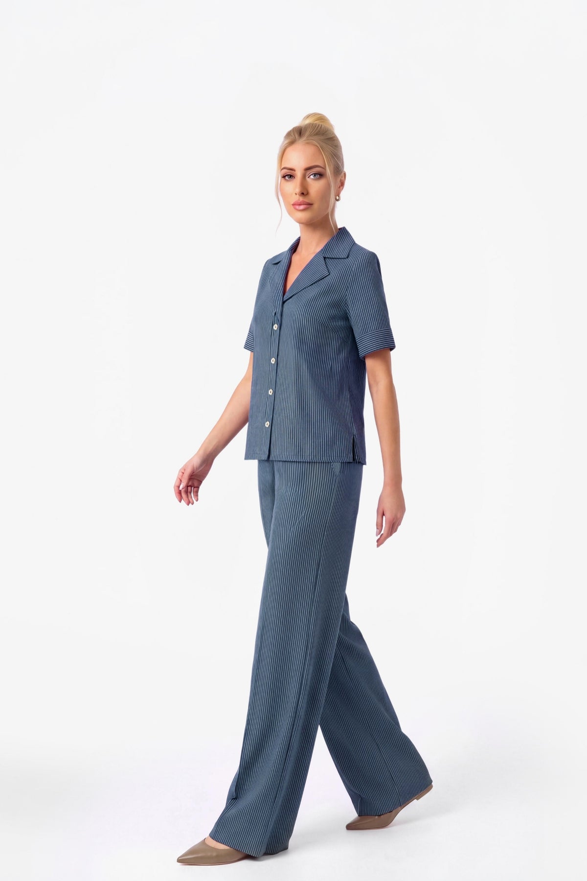 Ciara Straight Leg Cotton Pant - Pinstripe