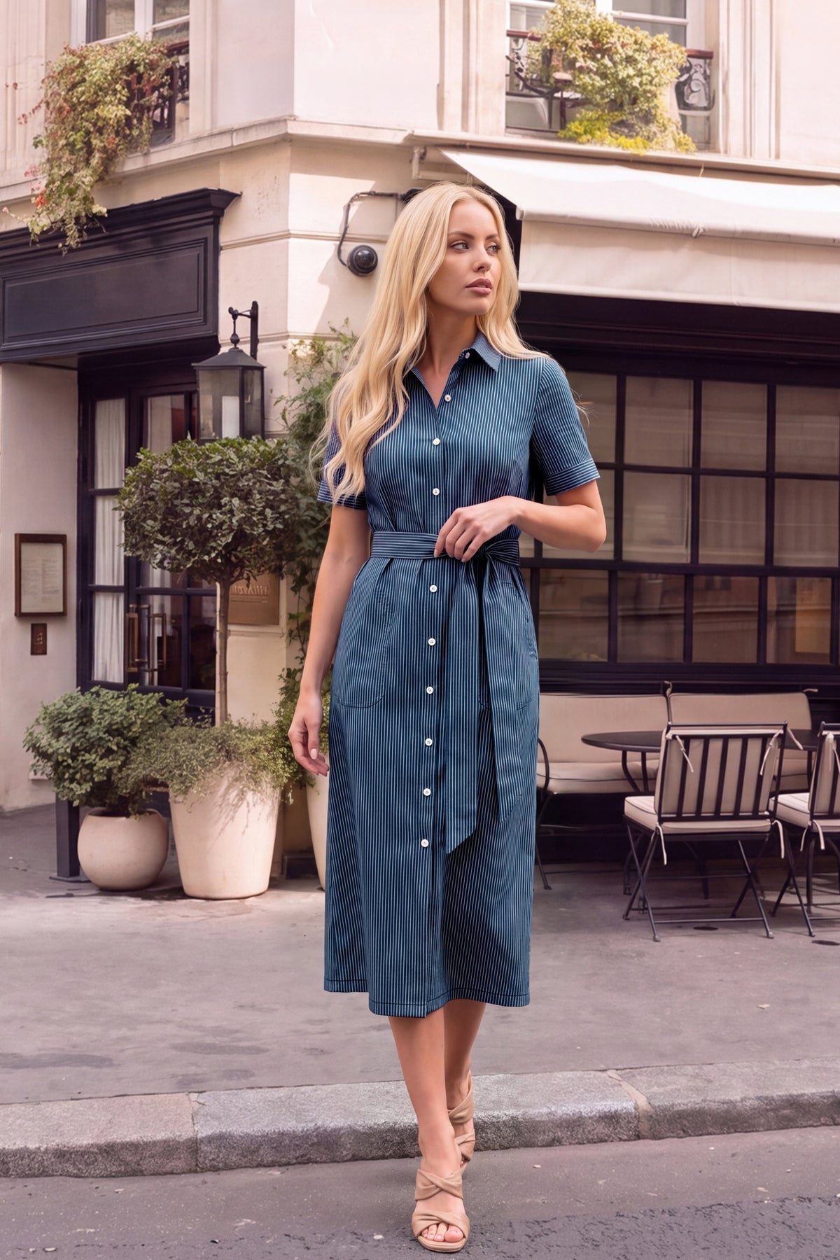 Maple Short Sleeve Belted Midi Shirt Dress - Pinstripe