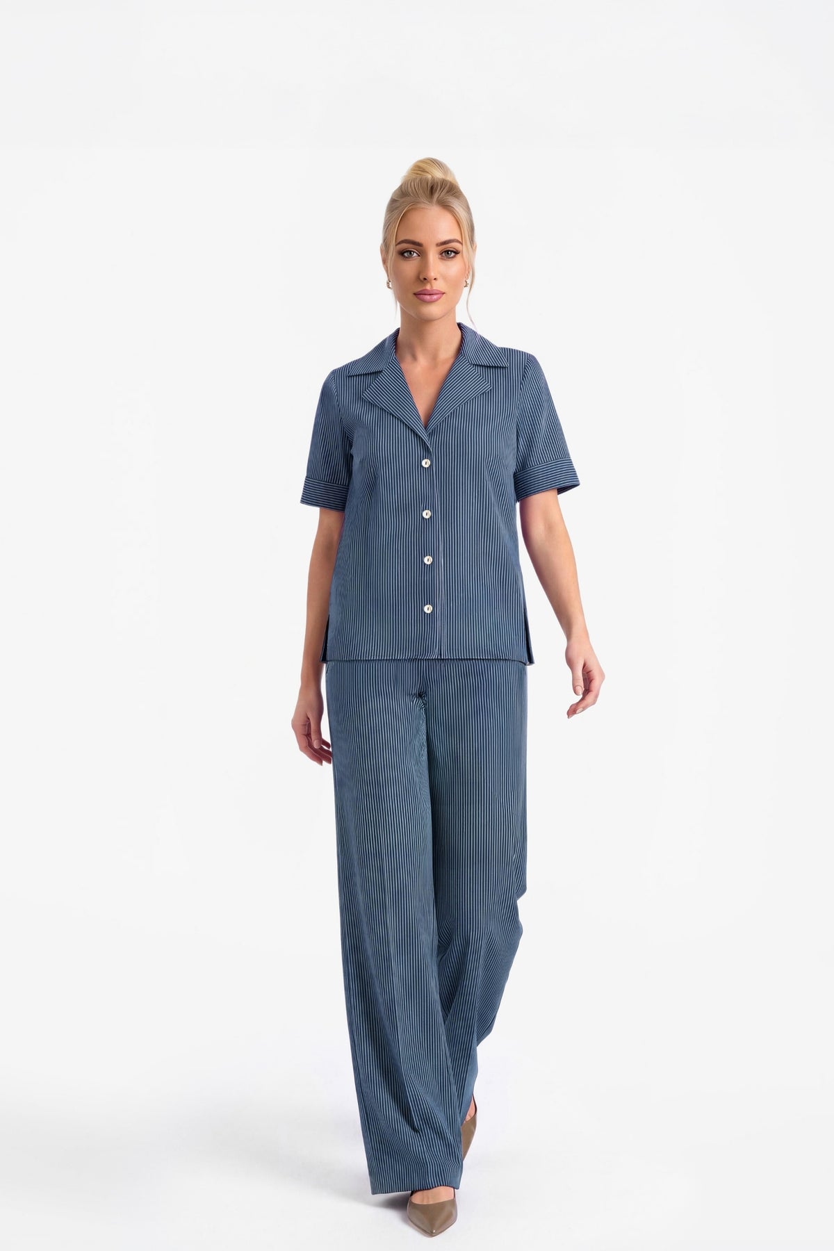 Tawny Button-Down Short Sleeve Blouse - Pinstripe