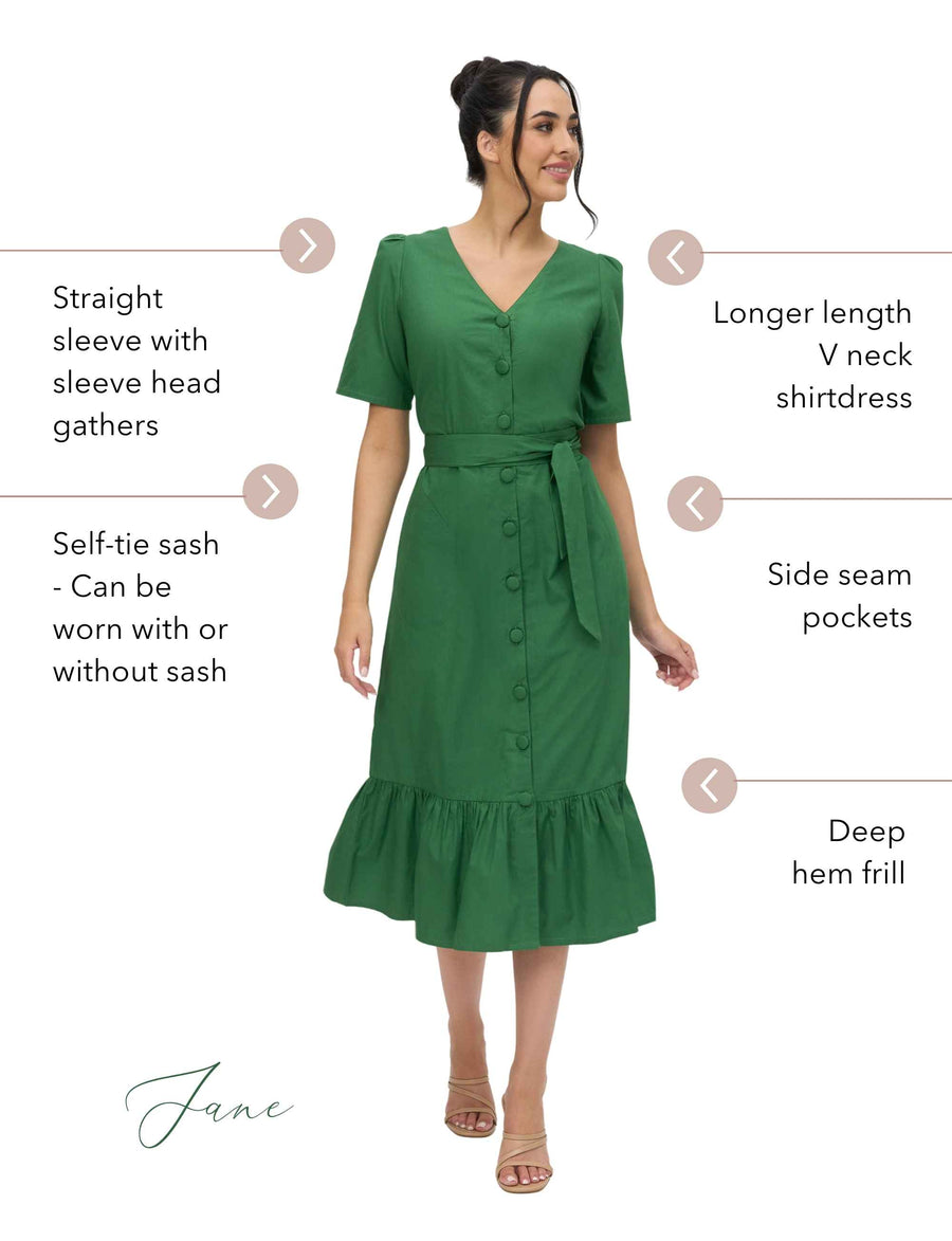 Jane 100% Cotton Midi Shirtdress in Green