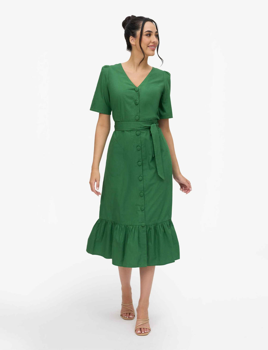 Jane 100% Cotton Midi Shirtdress in Green